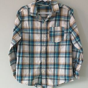 Crazy 8 Plaid Button-Up Shirt in Teal, Brown & White Boys 5/6